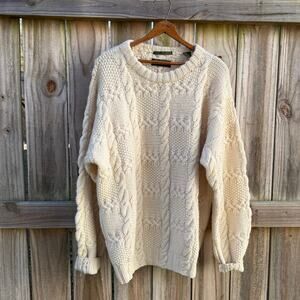 Vintage Chunky Cable Knit Wool Sweater Cream Ivory Oversized Fisherman Style L